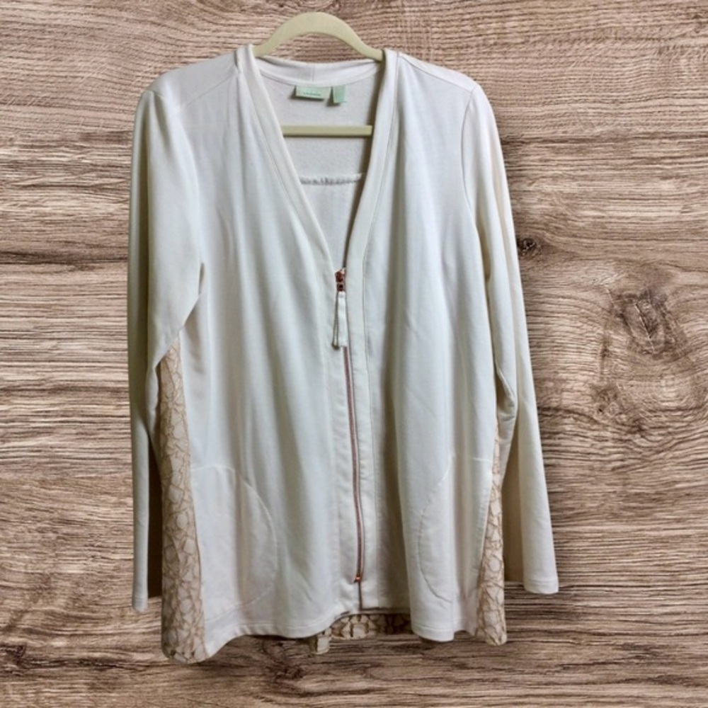 Lori Goldstein logo lounge, ivory lace back full zip sweatshirt, medium